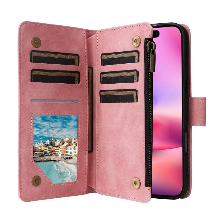 For iPhone 16 Plus Crossbody Multi-card Slot Wallet Zipper Leather Phone Case(Pink) - iPhone 16 Plus Cases by buy2fix | Online Shopping UK | buy2fix