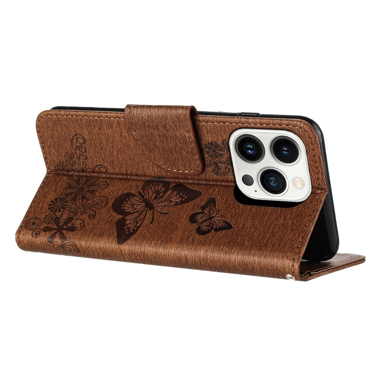 For iPhone 16 Pro Butterfly Embossed Flip Leather Phone Case(Brown) - iPhone 16 Pro Cases by buy2fix | Online Shopping UK | buy2fix