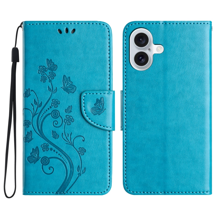 For iPhone 16 Butterfly Flower Pattern Flip Leather Phone Case(Blue) - iPhone 16 Cases by buy2fix | Online Shopping UK | buy2fix