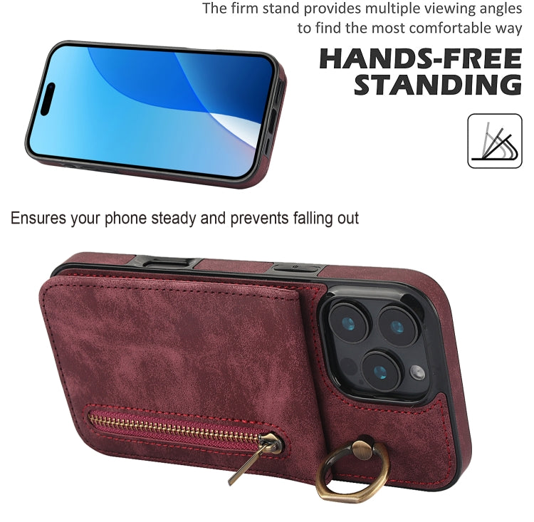 For iPhone 16 Pro Max Retro Ring and Zipper RFID Card Slot Phone Case(Wine Red) - iPhone 16 Pro Max Cases by buy2fix | Online Shopping UK | buy2fix