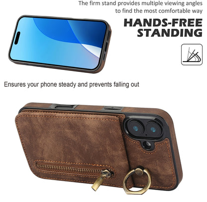 For iPhone 16 Plus Retro Ring and Zipper RFID Card Slot Phone Case(Brown) - iPhone 16 Plus Cases by buy2fix | Online Shopping UK | buy2fix