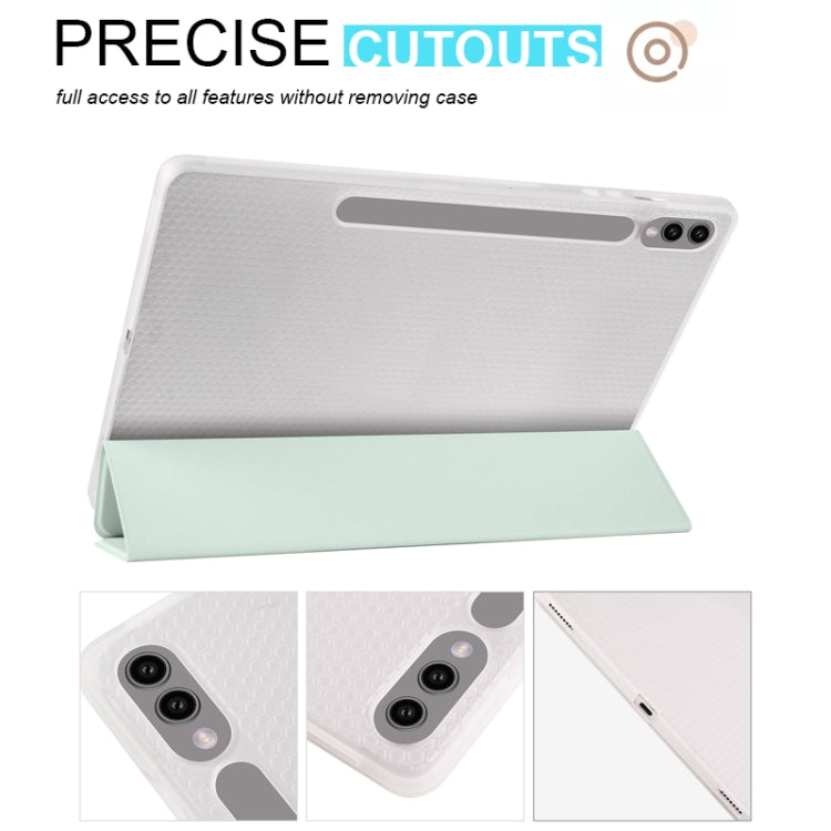 For Samsung Galaxy Tab S9+ 3-folding Transparent TPU Smart Leather Tablet Case with Pen Slot(Light Green) - Galaxy Tab S9+ Cases by buy2fix | Online Shopping UK | buy2fix