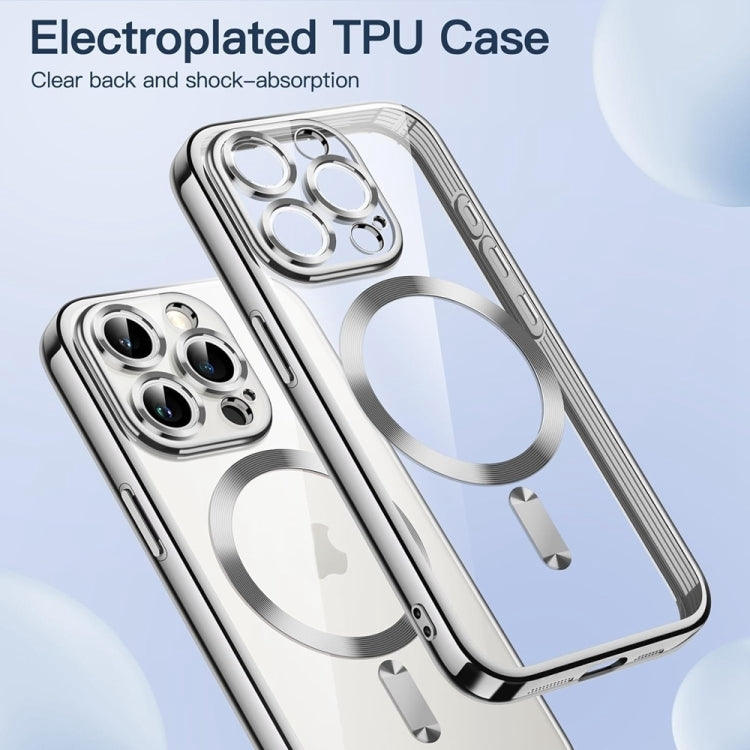 For iPhone 16 Transparent Electroplated Magsafe Magnetic TPU Phone Case(Silver) - iPhone 16 Cases by buy2fix | Online Shopping UK | buy2fix