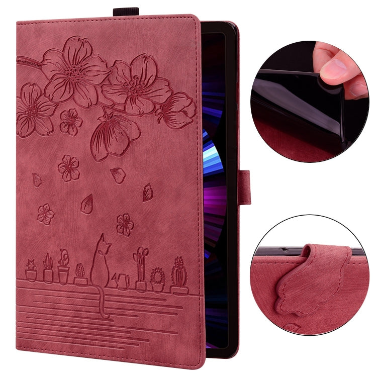 For Samsung Galaxy Tab S9 /S8 /S7 Cartoon Sakura Cat Embossed Smart Leather Tablet Case(Red) - Galaxy Tab S9 Cases by buy2fix | Online Shopping UK | buy2fix