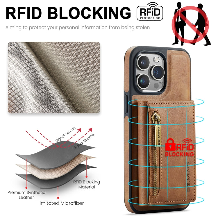 For iPhone 15 Pro DG.MING M5 Series Zip RFID Multi Card Detachable Leather Phone Case(Brown) - iPhone 15 Pro Cases by DG.MING | Online Shopping UK | buy2fix