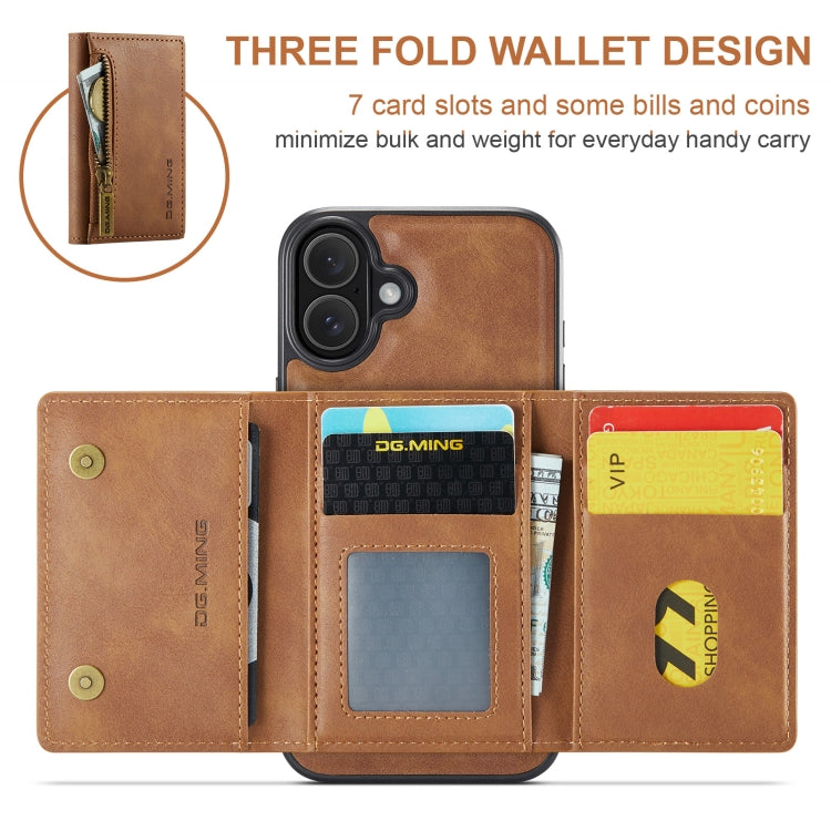 For iPhone 16 Plus DG.MING M5 Series Zip RFID Multi Card Detachable Leather Phone Case(Brown) - iPhone 16 Plus Cases by DG.MING | Online Shopping UK | buy2fix