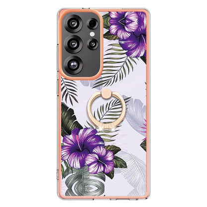 For Samsung Galaxy S25 Ultra 5G Electroplating Pattern IMD TPU Shockproof Case with Rhinestone Ring Holder(Purple Flower) - Galaxy S25 Ultra 5G Cases by buy2fix | Online Shopping UK | buy2fix