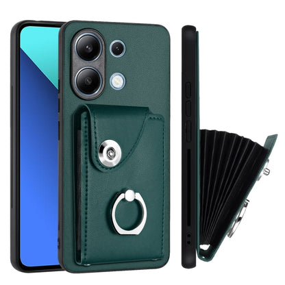For Xiaomi Redmi Note 13 4G Global Organ Card Bag Ring Holder PU Phone Case(Green) - Note 13 Cases by buy2fix | Online Shopping UK | buy2fix