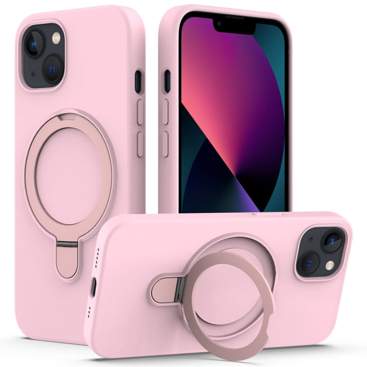 For iPhone 14 Plus MagSafe Magnetic Liquid Silicone Phone Case with Ring Holder(Grey Pink) - iPhone 14 Plus Cases by buy2fix | Online Shopping UK | buy2fix