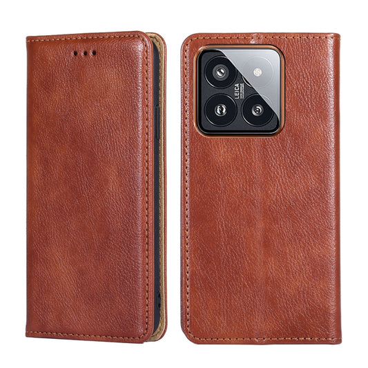 For Xiaomi 14 Pro Gloss Oil Solid Color Magnetic Leather Phone Case(Brown) - 14 Pro Cases by buy2fix | Online Shopping UK | buy2fix
