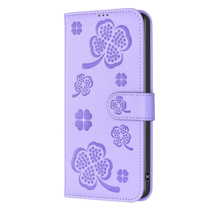 For iPhone 16 Pro Four-leaf Embossed Leather Phone Case(Purple) - iPhone 16 Pro Cases by buy2fix | Online Shopping UK | buy2fix