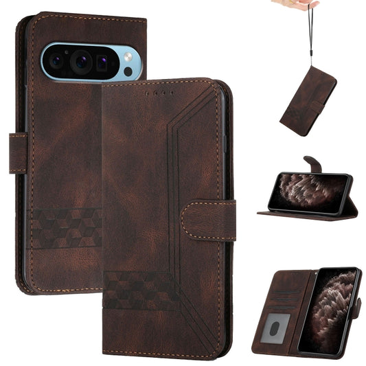 For Google Pixel 9 Pro Cubic Skin Feel Flip Leather Phone Case(Brown) - Google Cases by buy2fix | Online Shopping UK | buy2fix