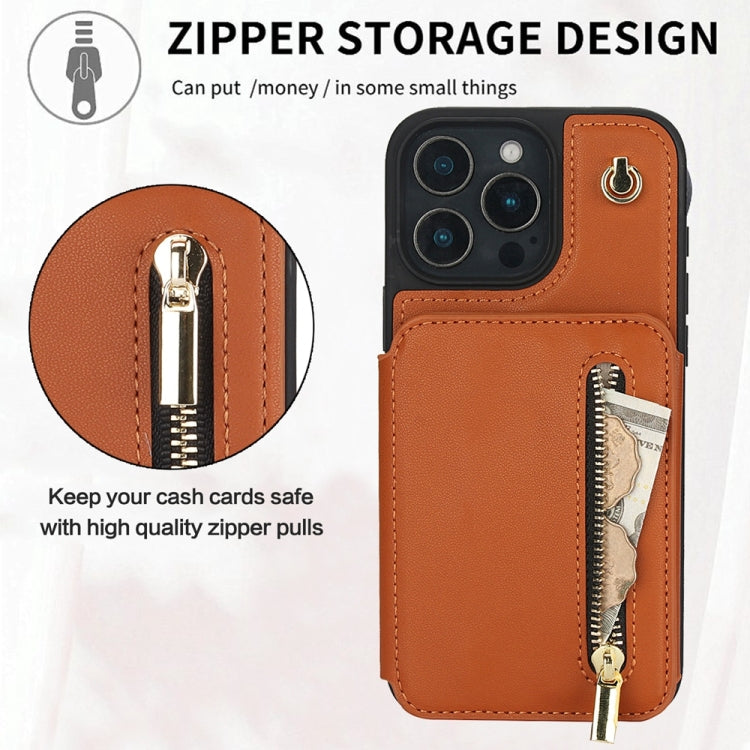 For iPhone 16 Pro Max YM006 Skin Feel Zipper Card Bag Phone Case with Dual Lanyard(Brown) - iPhone 16 Pro Max Cases by buy2fix | Online Shopping UK | buy2fix