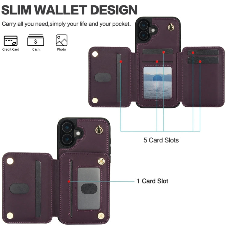 For iPhone 16 Plus YM006 Skin Feel Zipper Card Bag Phone Case with Dual Lanyard(Dark Purple) - iPhone 16 Plus Cases by buy2fix | Online Shopping UK | buy2fix