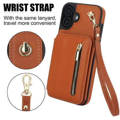 For iPhone 16 YM006 Skin Feel Zipper Card Bag Phone Case with Dual Lanyard(Brown) - iPhone 16 Cases by buy2fix | Online Shopping UK | buy2fix