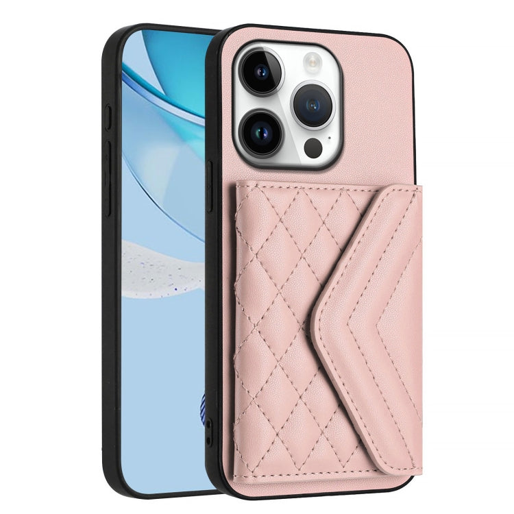 For iPhone 16 Pro Rhombic Texture Card Bag RFID Phone Case with Long Lanyard(Rose Gold) - iPhone 16 Pro Cases by buy2fix | Online Shopping UK | buy2fix