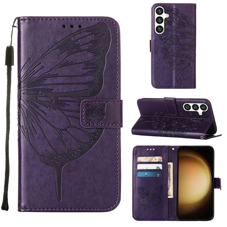 For Samsung Galaxy S24 5G Embossed Butterfly Leather Phone Case(Dark Purple) - Galaxy S24 5G Cases by buy2fix | Online Shopping UK | buy2fix