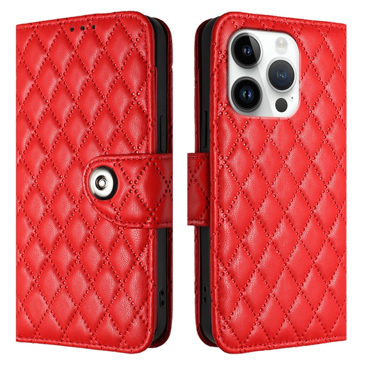 For iPhone 16 Pro Rhombic Texture Flip Leather Phone Case with Lanyard(Red) - iPhone 16 Pro Cases by buy2fix | Online Shopping UK | buy2fix