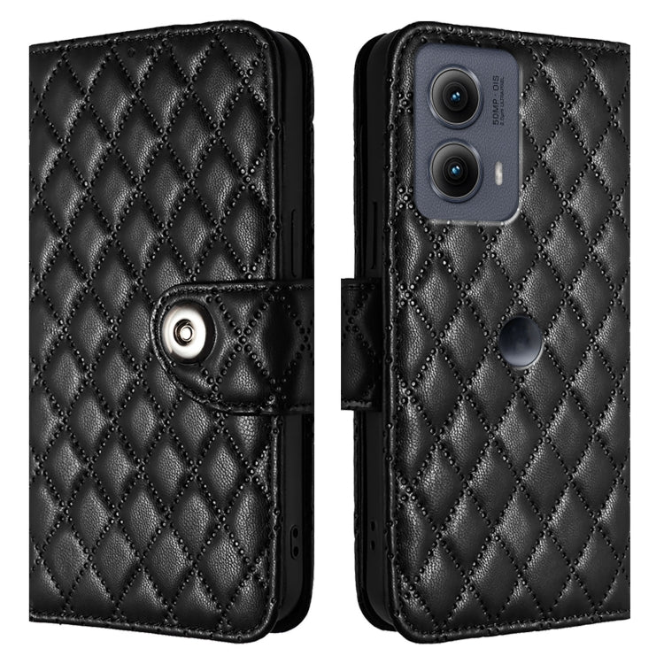 For Motorola Edge 2024 Rhombic Texture Flip Leather Phone Case with Lanyard(Black) - Motorola Cases by buy2fix | Online Shopping UK | buy2fix