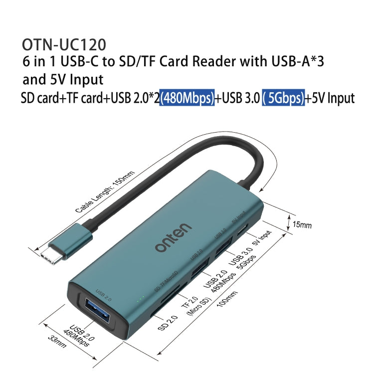 Onten UC120 6 in 1 USB-C to SD / TF Card Reader with 3-Ports USB HUB & 5V Input - USB HUB by Onten | Online Shopping UK | buy2fix