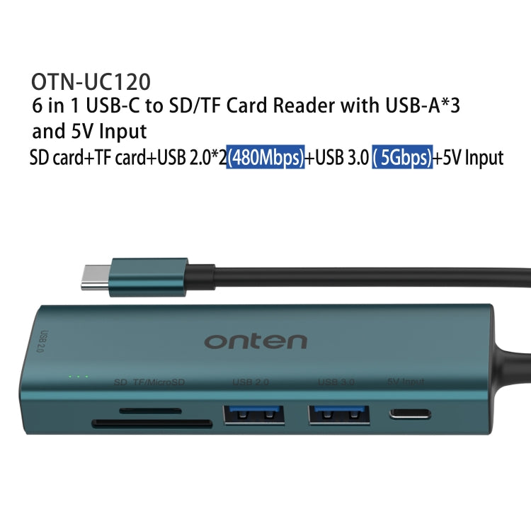 Onten UC120 6 in 1 USB-C to SD / TF Card Reader with 3-Ports USB HUB & 5V Input - USB HUB by Onten | Online Shopping UK | buy2fix