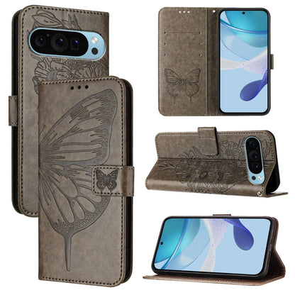 For Google Pixel 9 Pro XL Embossed Butterfly Leather Phone Case(Grey) - Google Cases by buy2fix | Online Shopping UK | buy2fix