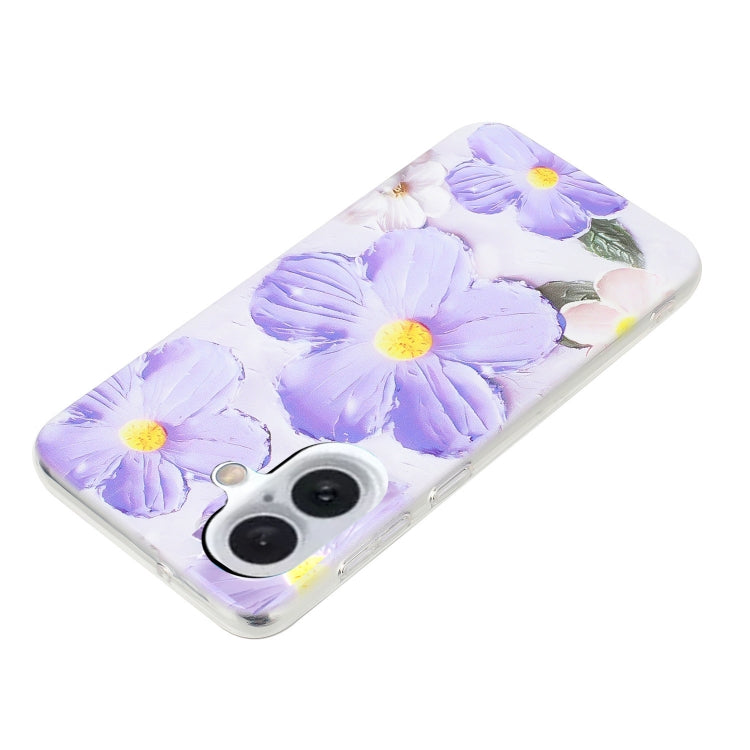 For iPhone 16 Colorful Painting Pattern TPU Phone Case(Purple Flowers) - iPhone 16 Cases by buy2fix | Online Shopping UK | buy2fix