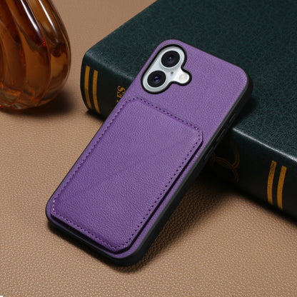 For iPhone 16 D04 Calf Texture Dual Card Slot Holder Phone Case(Purple) - iPhone 16 Cases by buy2fix | Online Shopping UK | buy2fix