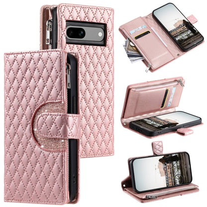 For Google Pixel 7a Glitter Lattice Zipper Wallet Leather Phone Case(Rose Gold) - Google Cases by buy2fix | Online Shopping UK | buy2fix