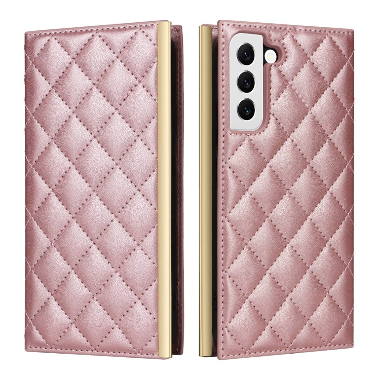 For Samsung Galaxy S22 5G Crossbody Rhombic Sucker Leather Phone Case(Rose Gold) - Galaxy S22 5G Cases by buy2fix | Online Shopping UK | buy2fix