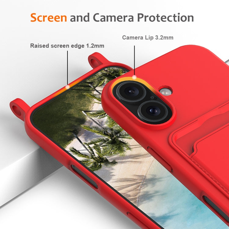 For iPhone 16 Integrated Card Bag Solid Color Liquid Silicone Phone Case with Lanyard(Red) - iPhone 16 Cases by buy2fix | Online Shopping UK | buy2fix