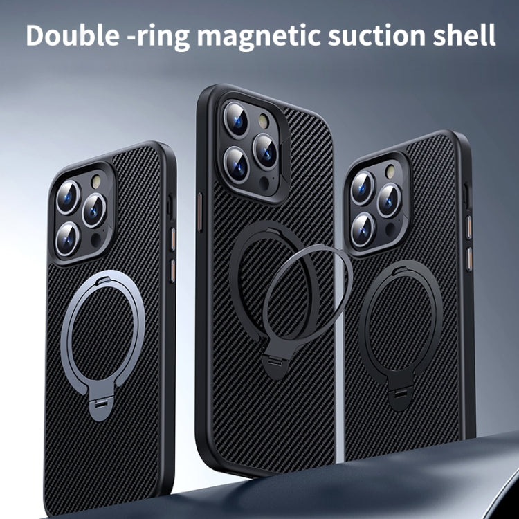 For iPhone 16 Plus Double Ring MagSafe Holder Carbon Fiber Phone Case(Black) - iPhone 16 Plus Cases by buy2fix | Online Shopping UK | buy2fix