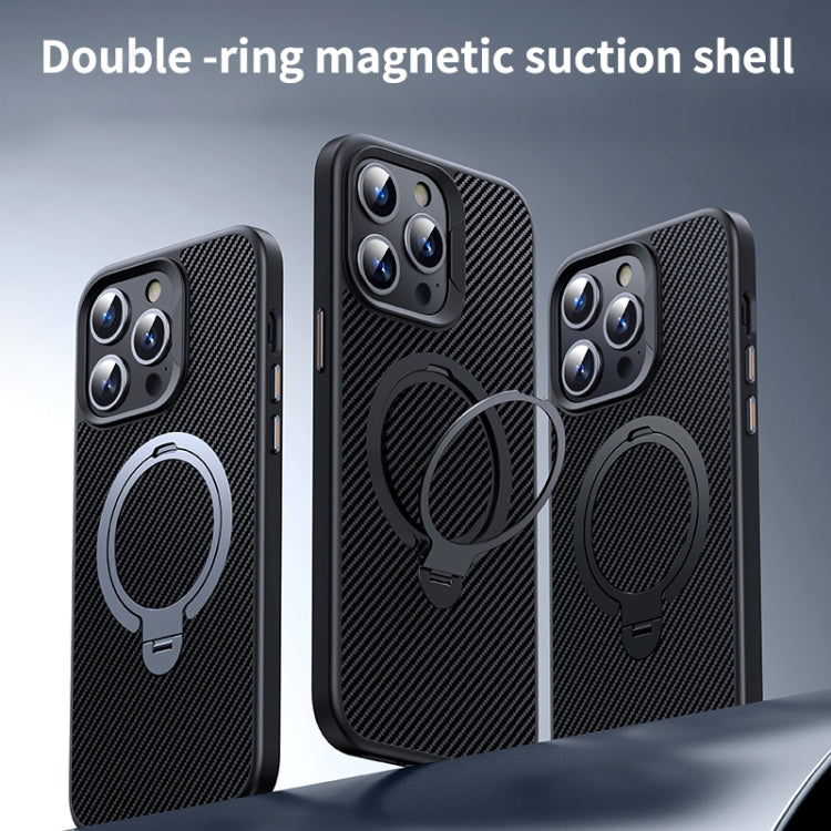 For iPhone 15 Plus / 14 Plus Double Ring MagSafe Holder Carbon Fibre Phone Case(Silver) - iPhone 15 Plus Cases by buy2fix | Online Shopping UK | buy2fix