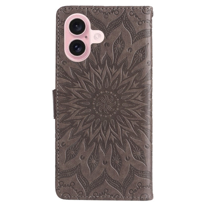 For iPhone 16 Embossed Sunflower Pattern Flip Leather Phone Case(Grey) - iPhone 16 Cases by buy2fix | Online Shopping UK | buy2fix