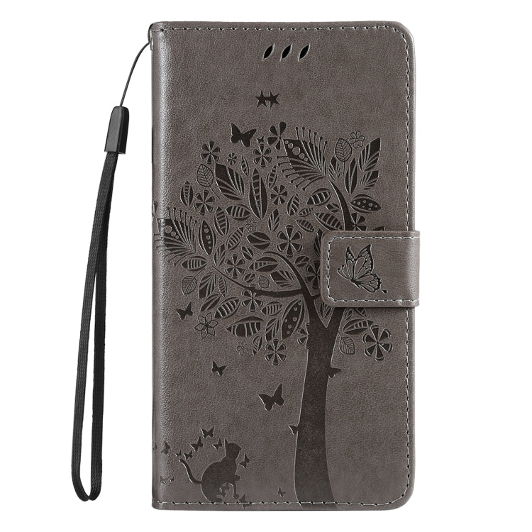 For iPhone SE 2024 Tree & Cat Embossed Pattern Flip Leather Phone Case(Grey) - More iPhone Cases by buy2fix | Online Shopping UK | buy2fix