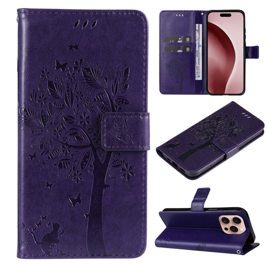 For iPhone 16 Pro Tree & Cat Embossed Pattern Flip Leather Phone Case(Purple) - iPhone 16 Pro Cases by buy2fix | Online Shopping UK | buy2fix