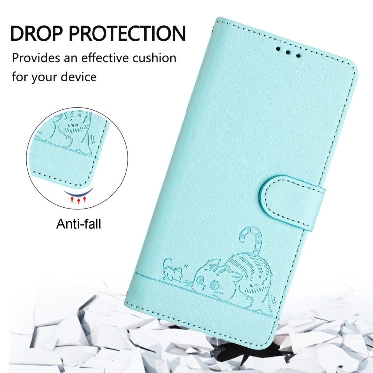 For OPPO Reno11 F 5G Global Cat Rat Embossed Pattern RFID Leather Phone Case with Lanyard(Mint Green) - Reno11 F Cases by buy2fix | Online Shopping UK | buy2fix