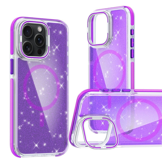 For iPhone 14 Pro Two-color Glitter Powder Lens Holder Magsafe Phone Case(Purple) - iPhone 14 Pro Cases by buy2fix | Online Shopping UK | buy2fix