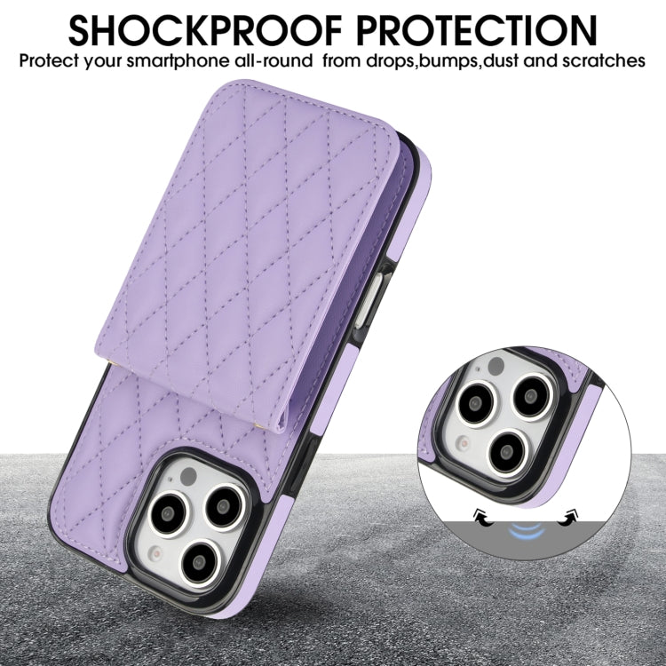 For iPhone 16 Pro YM015 Crossbody Rhombic Card Bag RFID Phone Case(Light Purple) - iPhone 16 Pro Cases by buy2fix | Online Shopping UK | buy2fix