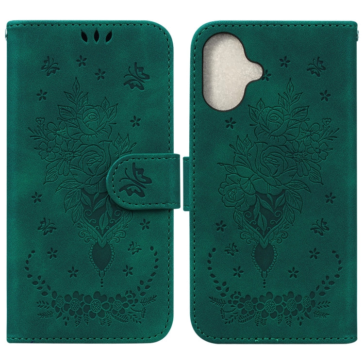 For iPhone 16 Plus Butterfly Rose Embossed Leather Phone Case(Green) - iPhone 16 Plus Cases by buy2fix | Online Shopping UK | buy2fix