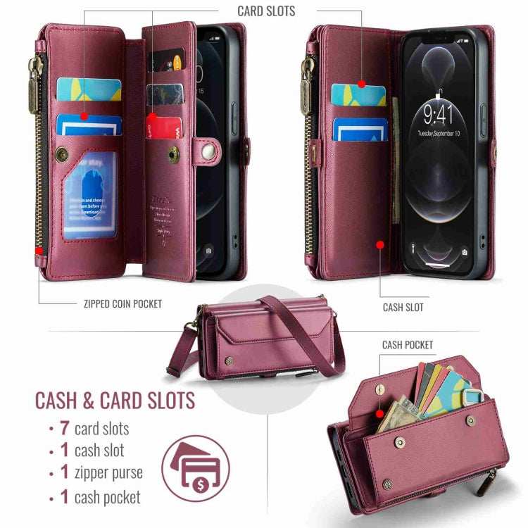 For iPhone 12 Pro CaseMe C36 Card Slots Zipper Wallet RFID Anti-theft Leather Phone Case(Wine Red) - iPhone 12 / 12 Pro Cases by CaseMe | Online Shopping UK | buy2fix