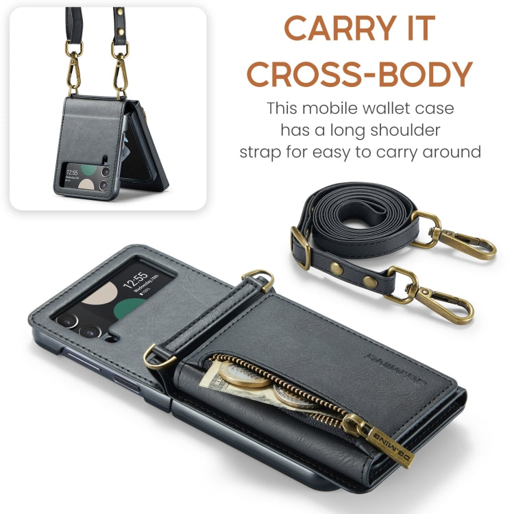 For Samsung Galaxy Z Flip4 5G DG.MING M5 Series Zip RFID Multi Card Detachable Leather Phone Case with Long Lanyard(Black) - Galaxy Z Flip4 5G Cases by DG.MING | Online Shopping UK | buy2fix