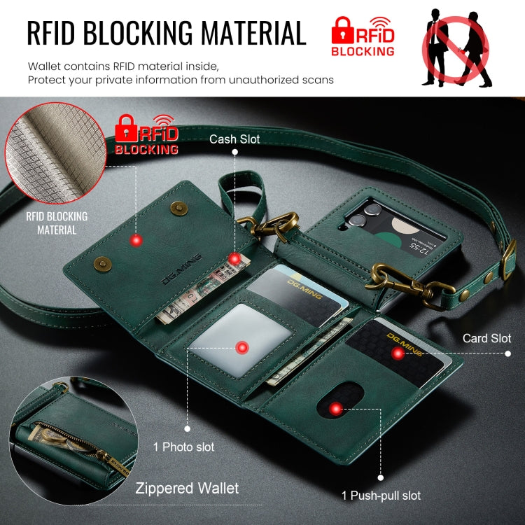 For Samsung Galaxy Z Flip4 5G DG.MING M5 Series Zip RFID Multi Card Detachable Leather Phone Case with Long Lanyard(Green) - Galaxy Z Flip4 5G Cases by DG.MING | Online Shopping UK | buy2fix