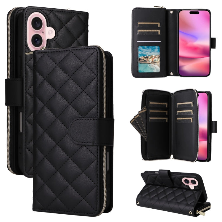 For iPhone 16 Crossbody Rhombic Zipper Tower Buckle Leather Phone Case with Lanyard(Black) - iPhone 16 Cases by buy2fix | Online Shopping UK | buy2fix