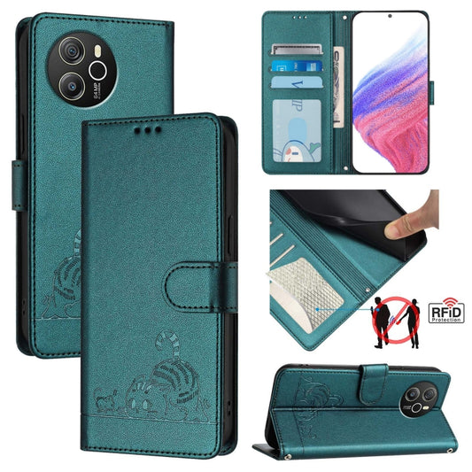 For Blackview Shark 8 Cat Rat Embossed Pattern RFID Leather Phone Case with Lanyard(Peacock Green) - More Brand by buy2fix | Online Shopping UK | buy2fix