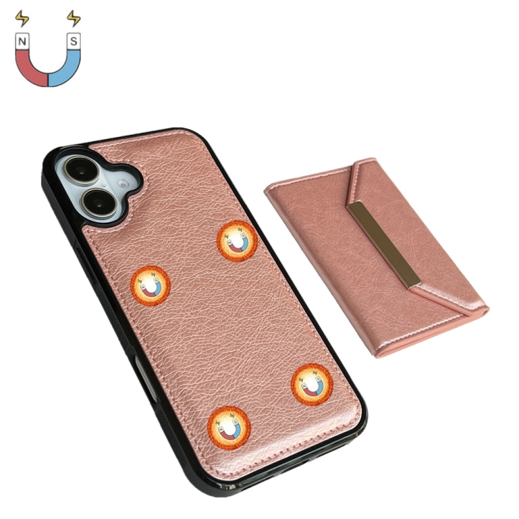 For iPhone 16 Solid Color Metal Buckle Card Slots Bag Phone Case(Rose Gold) - iPhone 16 Cases by buy2fix | Online Shopping UK | buy2fix