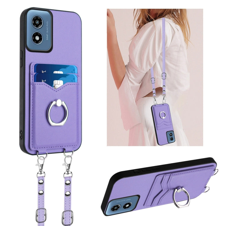 For Motorola Moto G Play 2024 4G R20 Crossbody Rope Ring Card Holder Phone Case(Purple) - Motorola Cases by buy2fix | Online Shopping UK | buy2fix