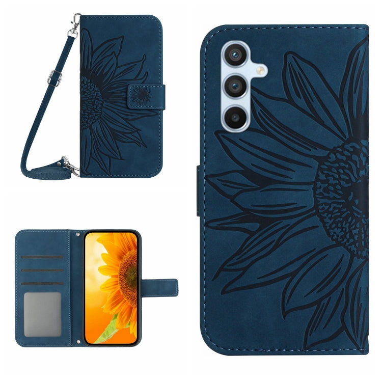 For Samsung Galaxy S25 5G Skin Feel Sun Flower Embossed Flip Leather Phone Case with Lanyard(Inky Blue) - Galaxy S25 5G Cases by buy2fix | Online Shopping UK | buy2fix