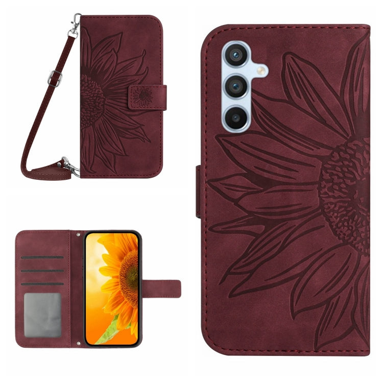 For Samsung Galaxy S25+ 5G Skin Feel Sun Flower Embossed Flip Leather Phone Case with Lanyard(Wine Red) - Galaxy S25+ 5G Cases by buy2fix | Online Shopping UK | buy2fix