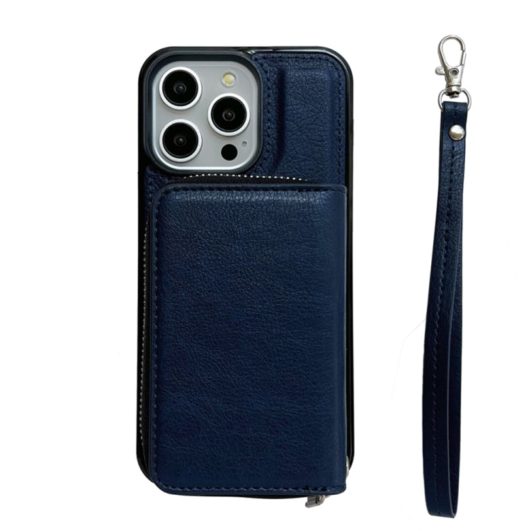 For iPhone 16 Pro Max Solid Color Zipper 11-Card Slots Bag Phone Case with Lanyard(Blue) - iPhone 16 Pro Max Cases by buy2fix | Online Shopping UK | buy2fix